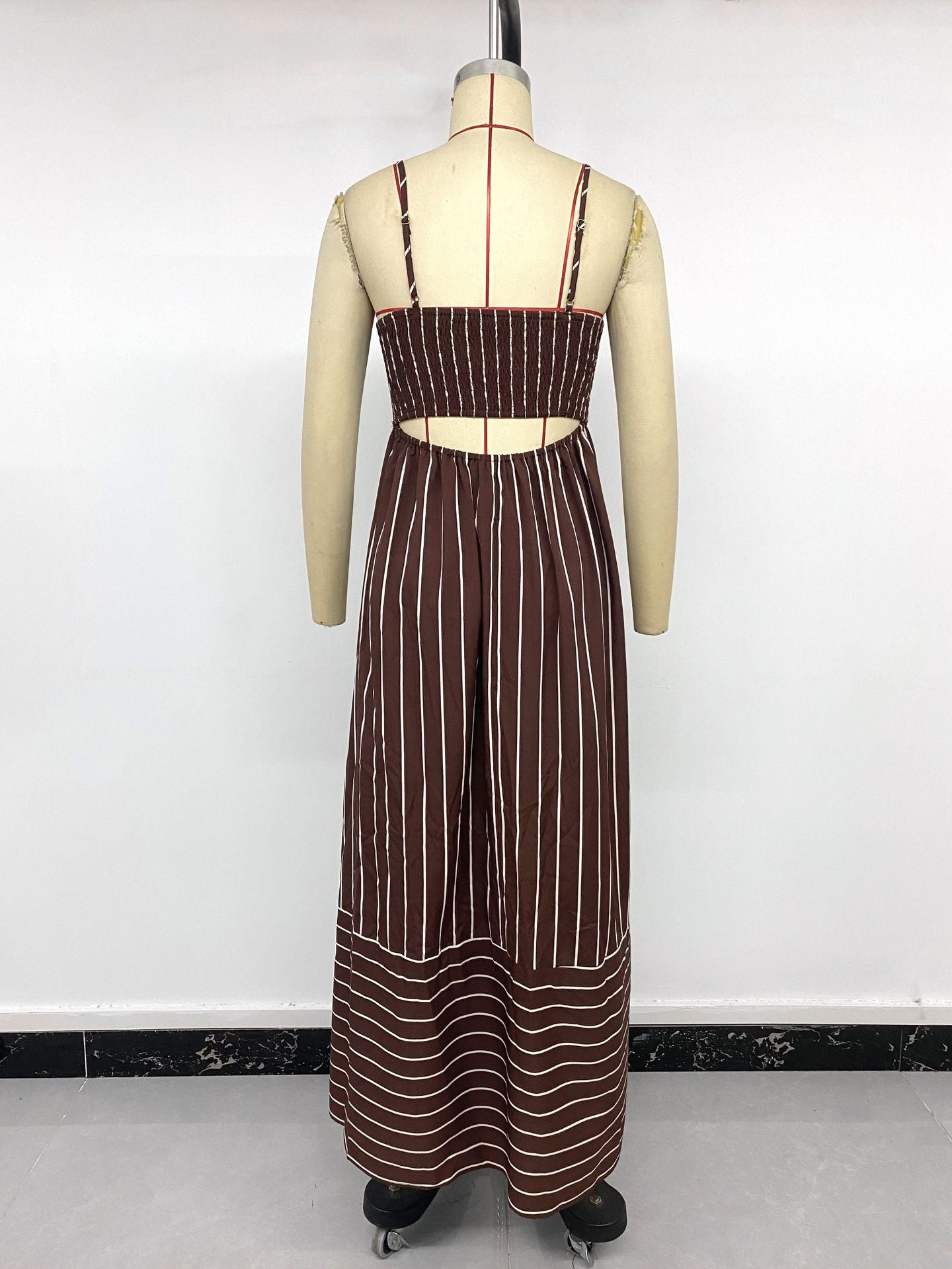 Brown Striped Spaghetti Strap Maxi Dress