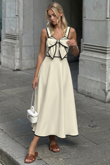 Cream Bow Detail Contrast Strap Midi Dress