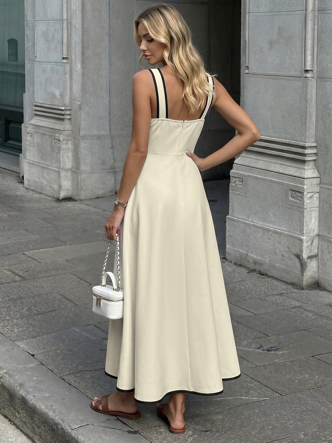 Cream Bow Detail Contrast Strap Midi Dress