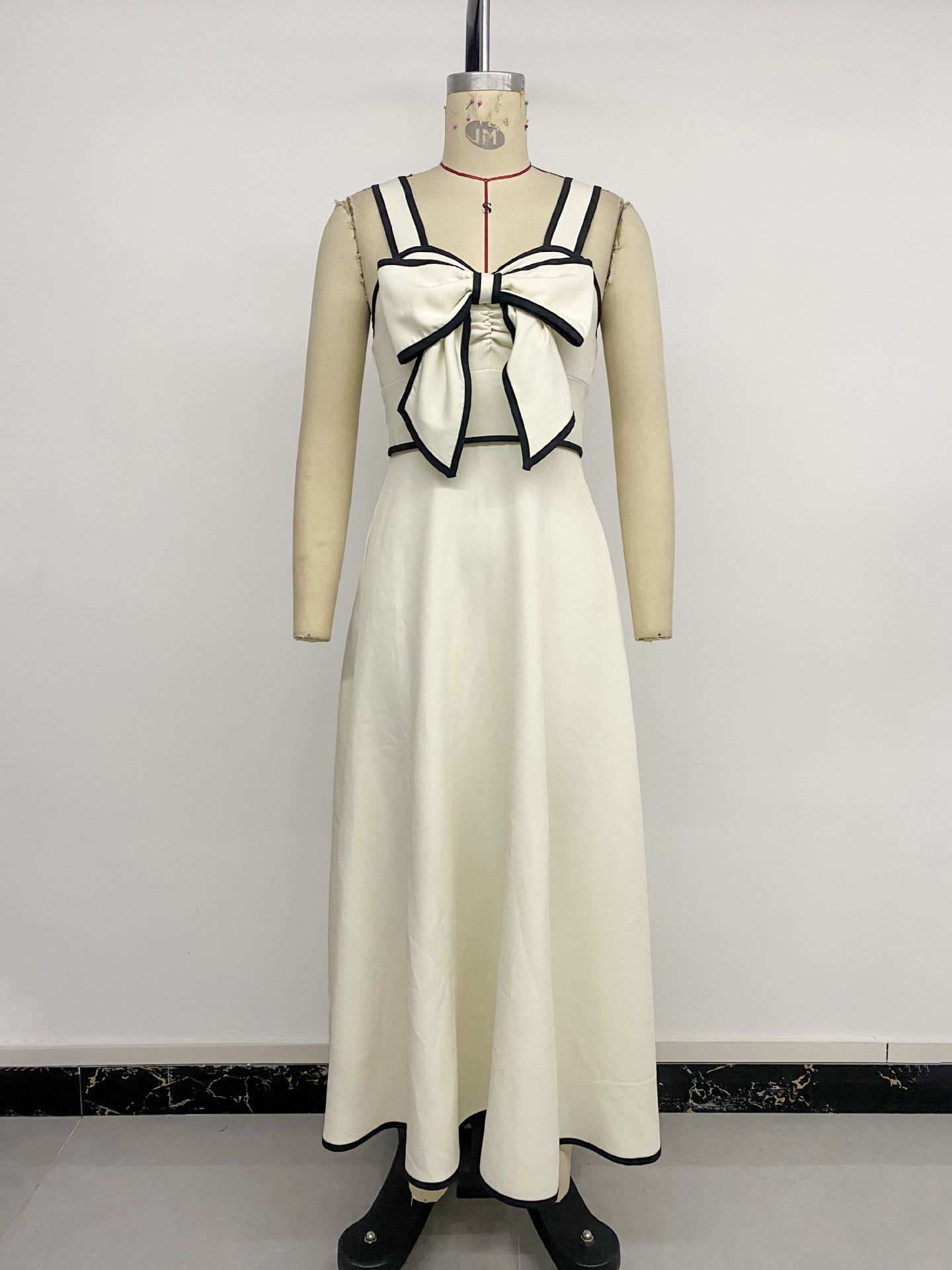 Cream Bow Detail Contrast Strap Midi Dress