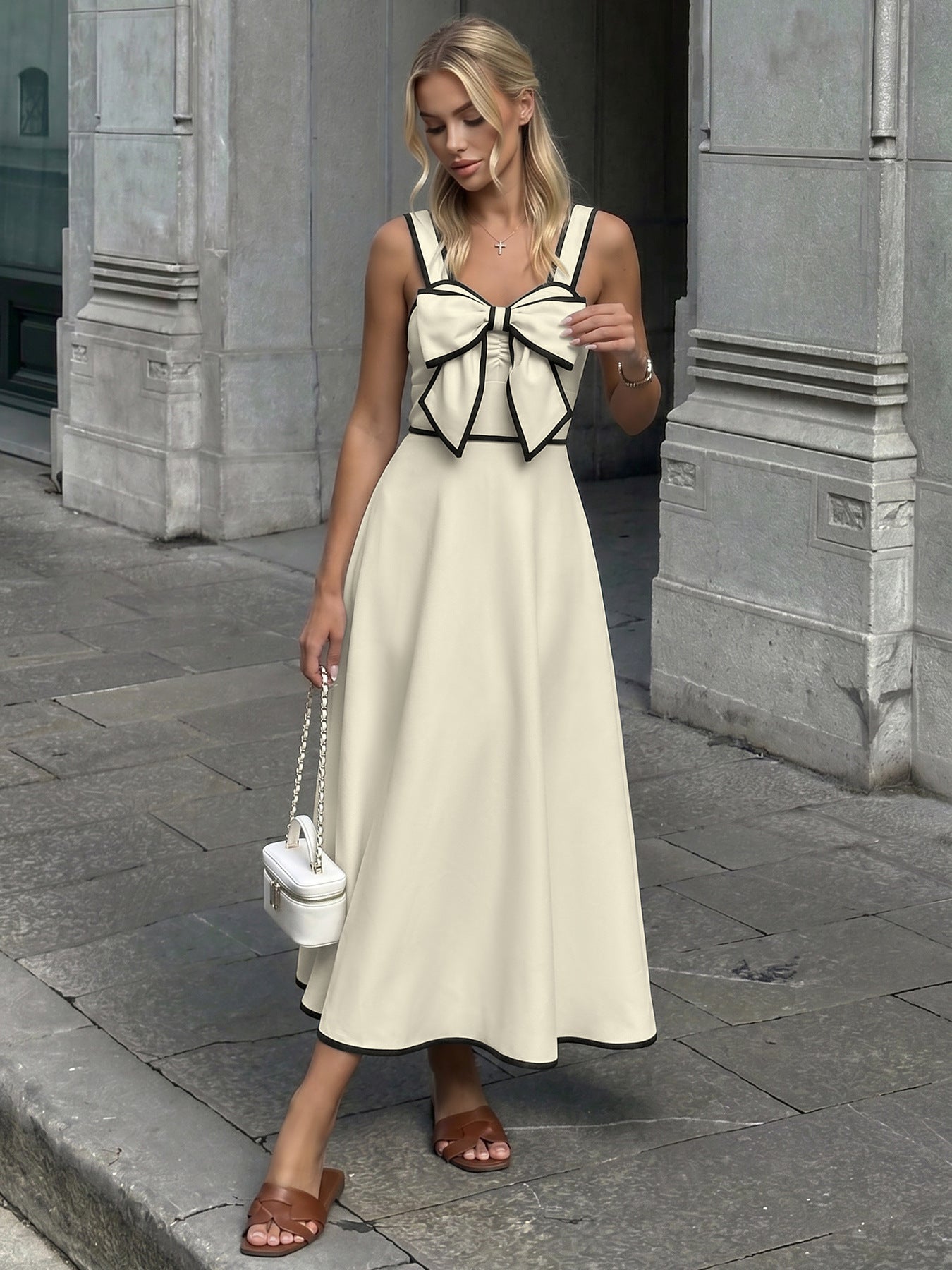 Cream Bow Detail Contrast Strap Midi Dress