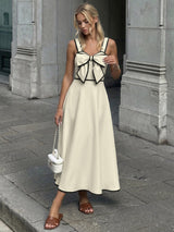 Cream Bow Detail Contrast Strap Midi Dress