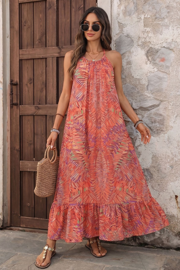 Coral Printed Halter Neck Maxi Dress
