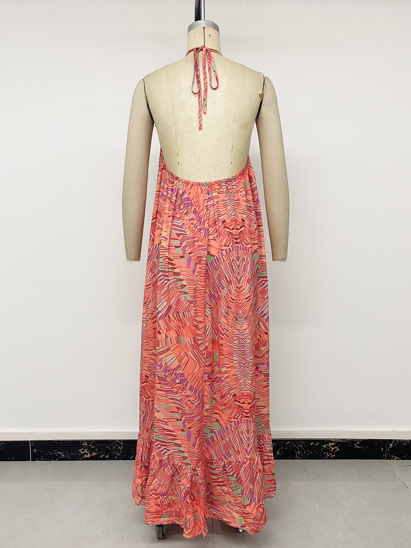 Coral Printed Halter Neck Maxi Dress