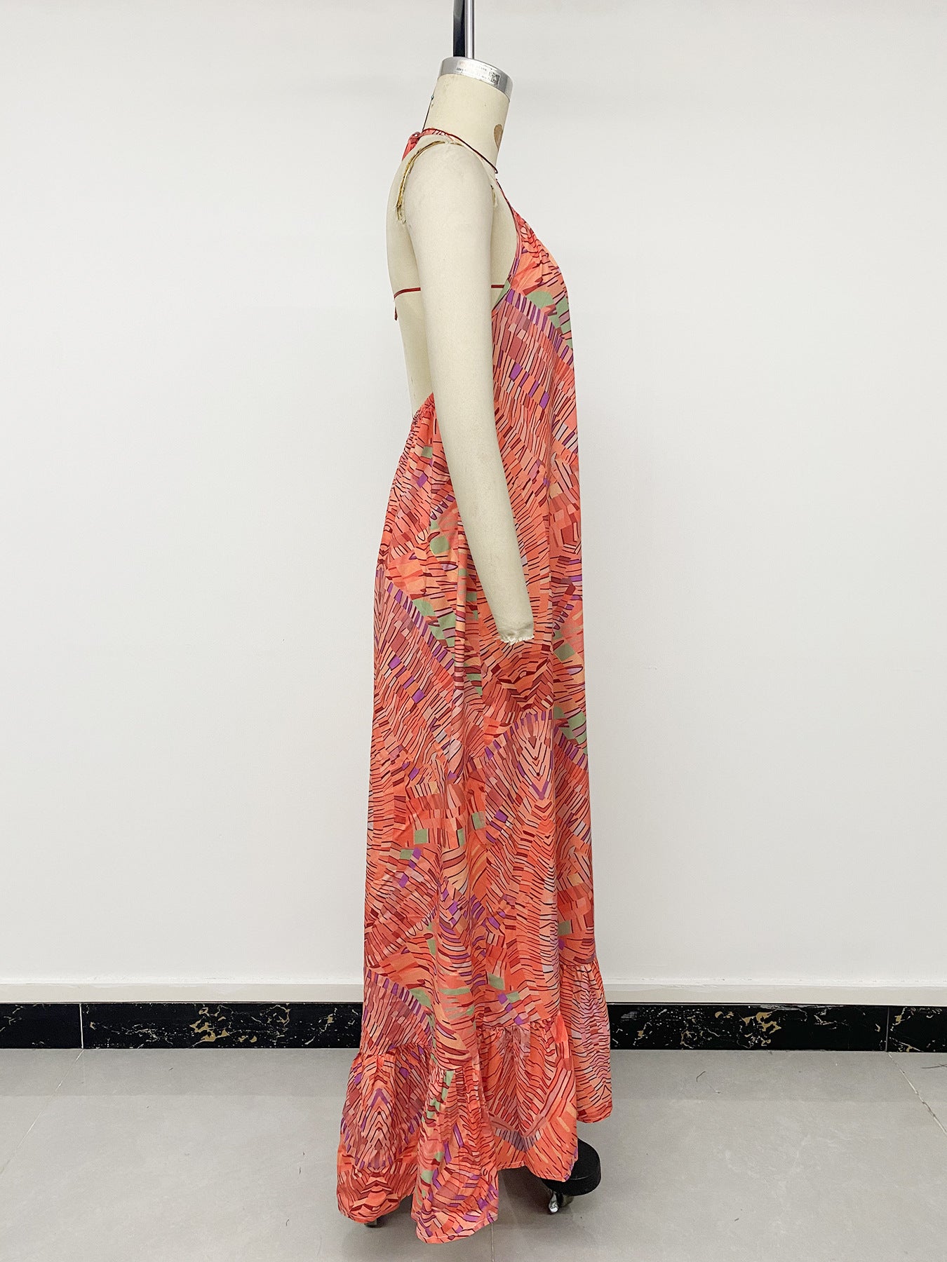Coral Printed Halter Neck Maxi Dress