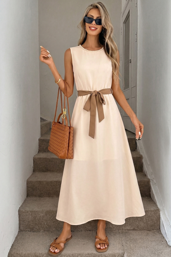 Beige Pearl Neck Belted Midi Dress