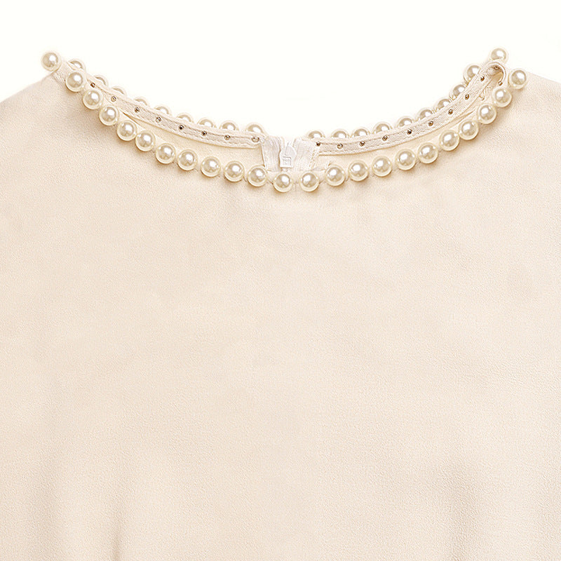 Beige Pearl Neck Belted Midi Dress