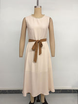 Beige Pearl Neck Belted Midi Dress