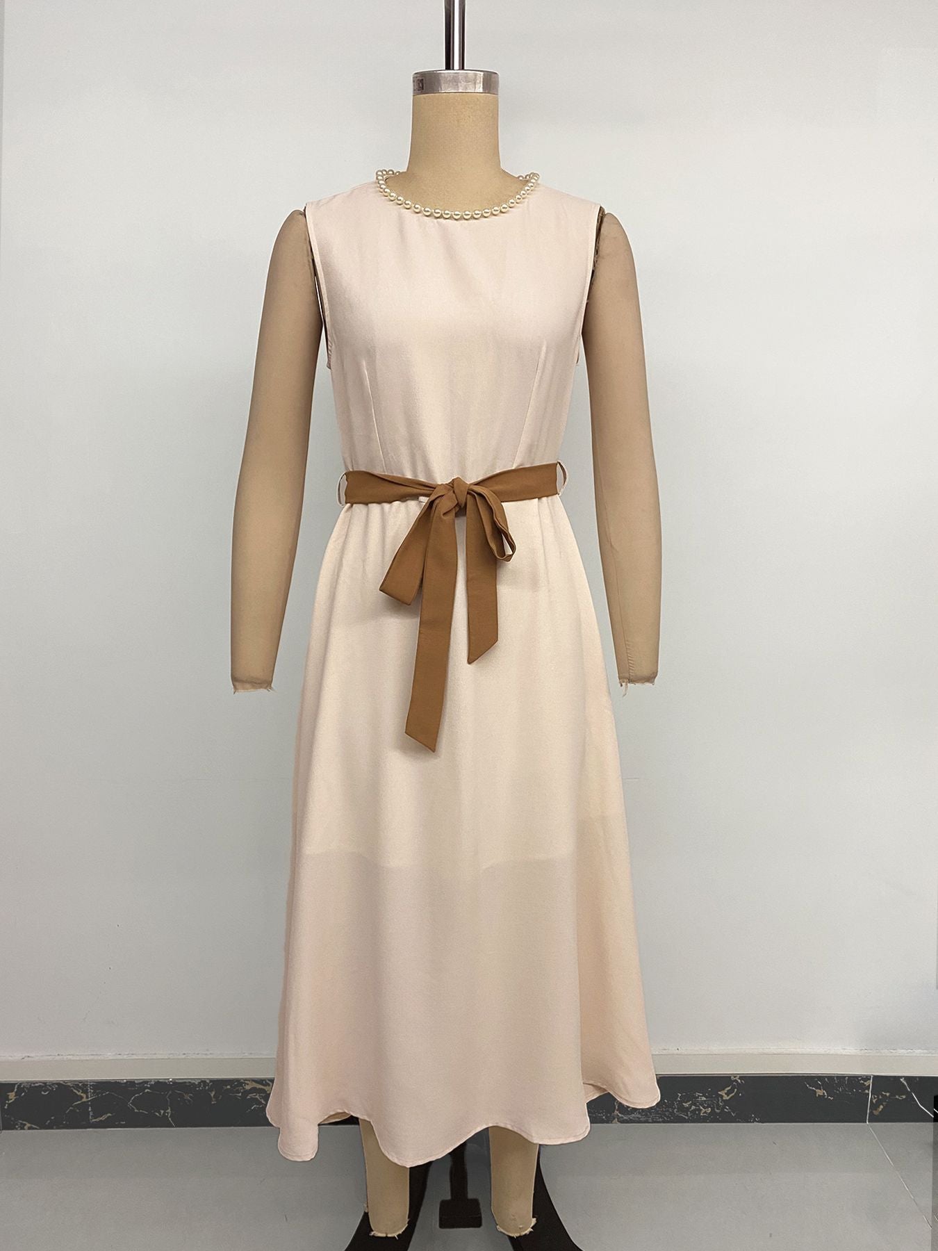 Beige Pearl Neck Belted Midi Dress