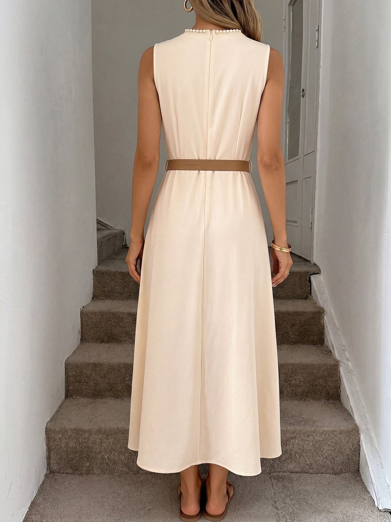 Beige Pearl Neck Belted Midi Dress