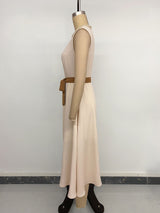 Beige Pearl Neck Belted Midi Dress
