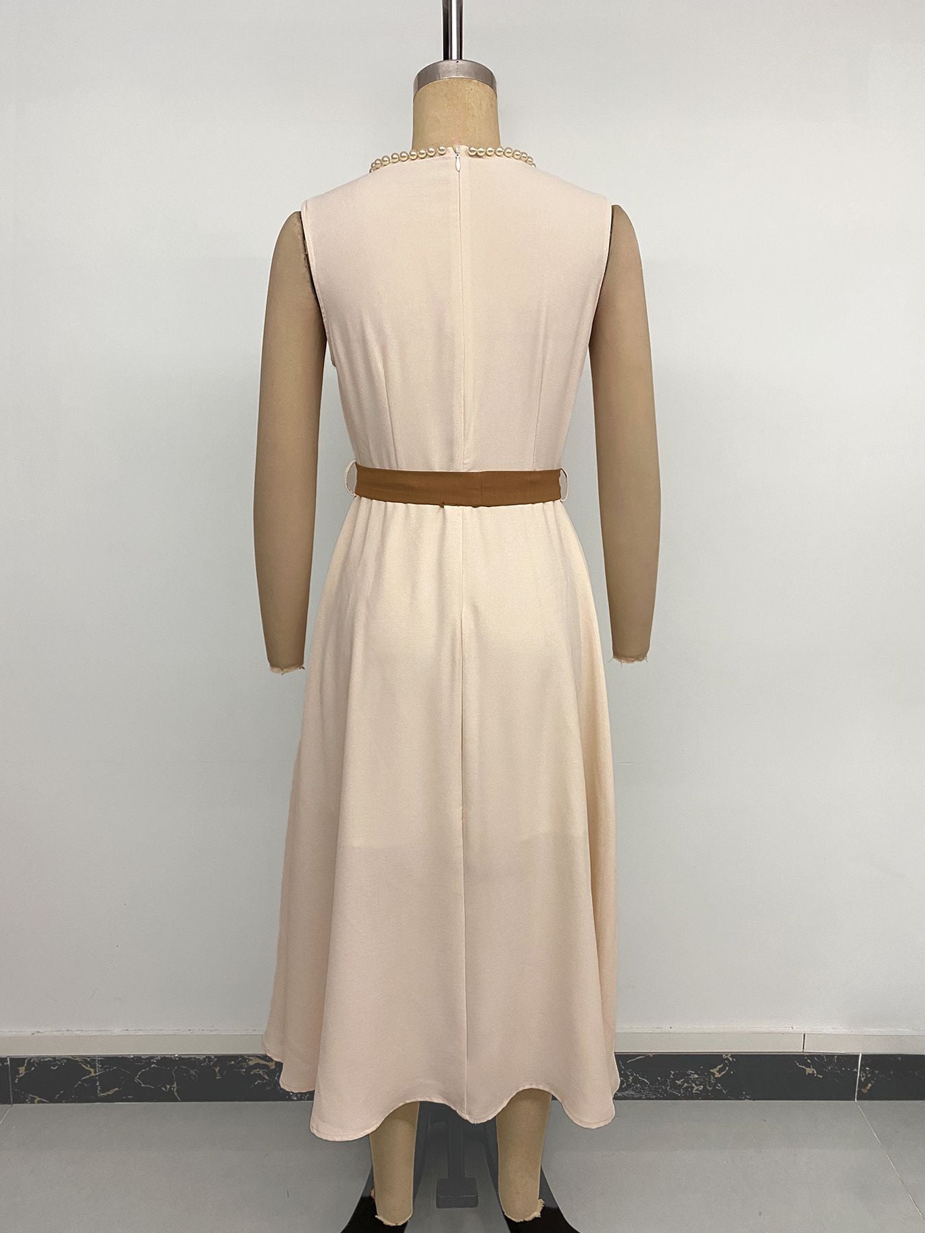 Beige Pearl Neck Belted Midi Dress