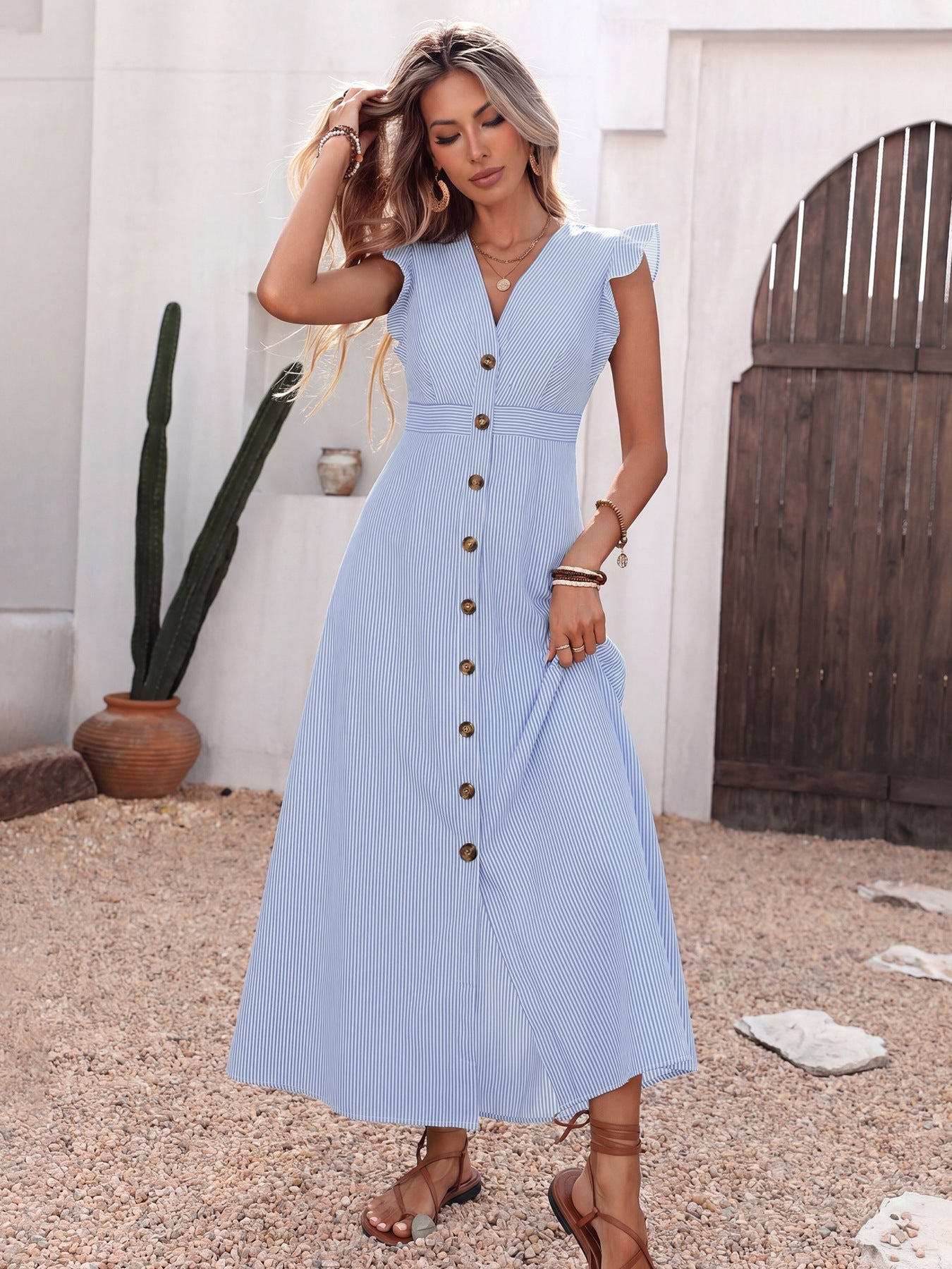 Blue Striped Button Front Ruffle Maxi Dress