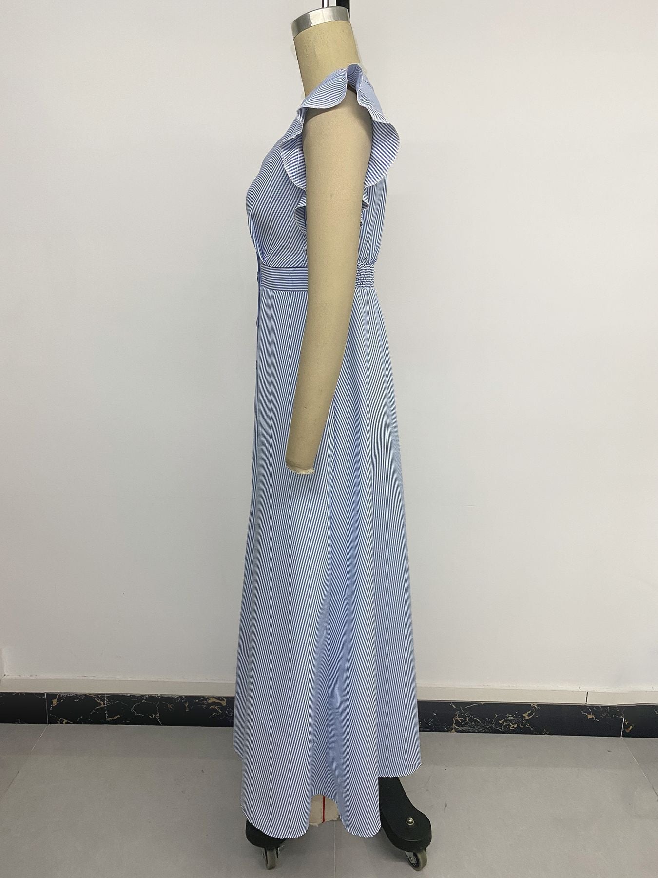Blue Striped Button Front Ruffle Maxi Dress