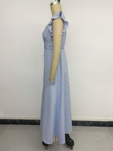 Blue Striped Button Front Ruffle Maxi Dress