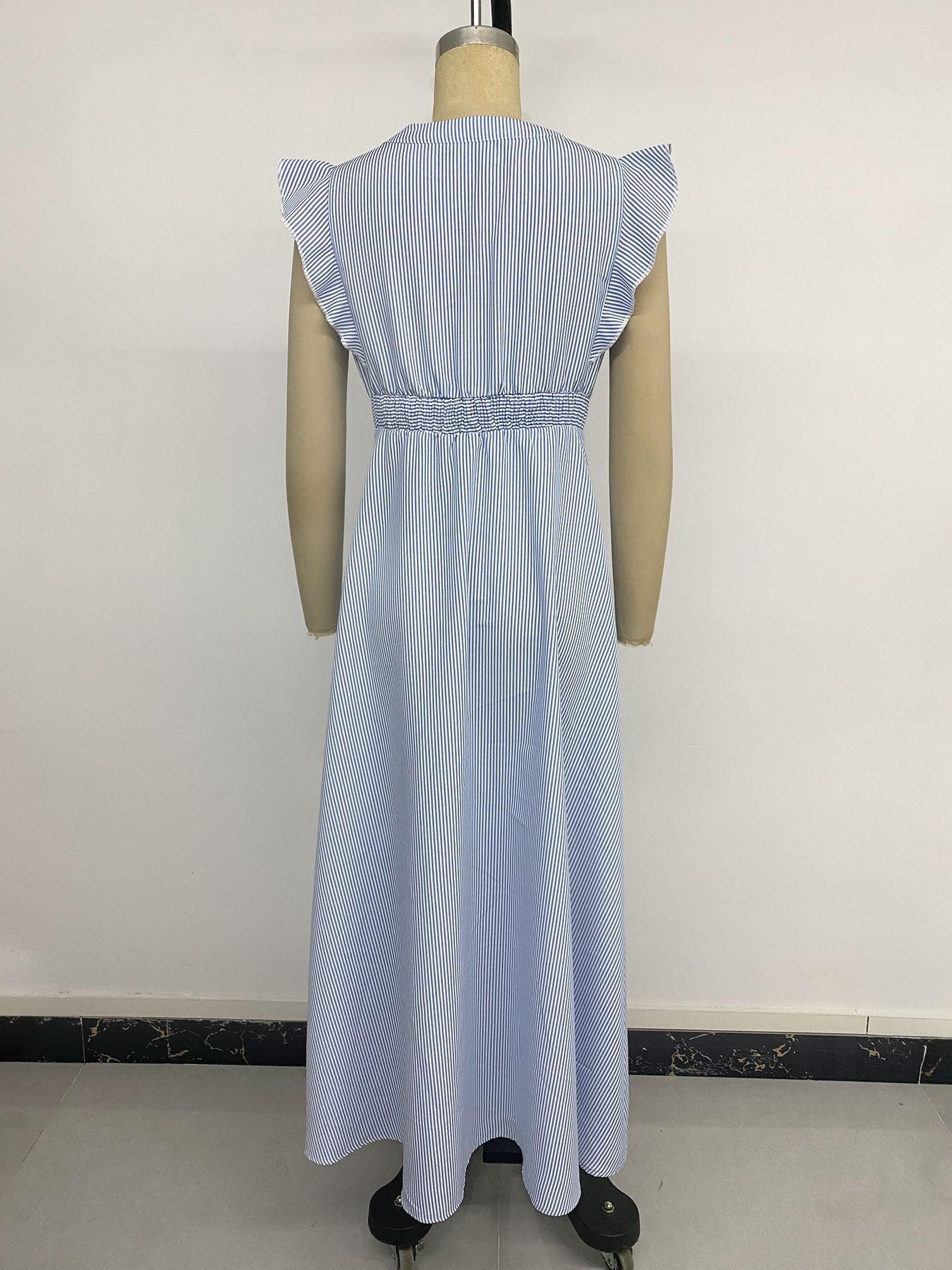 Blue Striped Button Front Ruffle Maxi Dress