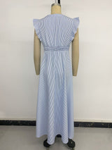 Blue Striped Button Front Ruffle Maxi Dress