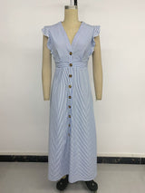 Blue Striped Button Front Ruffle Maxi Dress