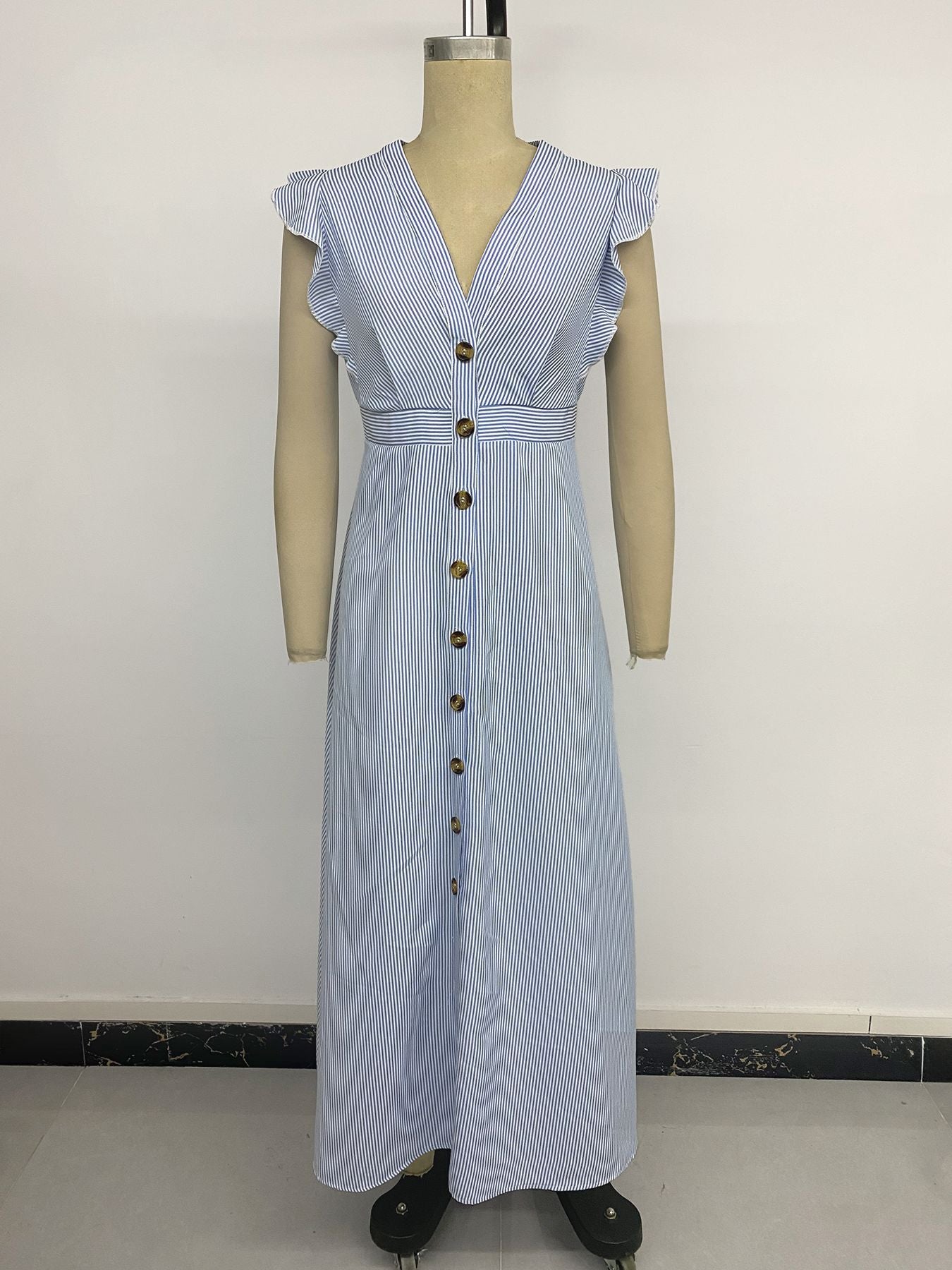 Blue Striped Button Front Ruffle Maxi Dress
