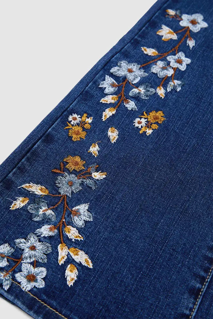 Floral Embroidered Flare Blue Denim Jeans