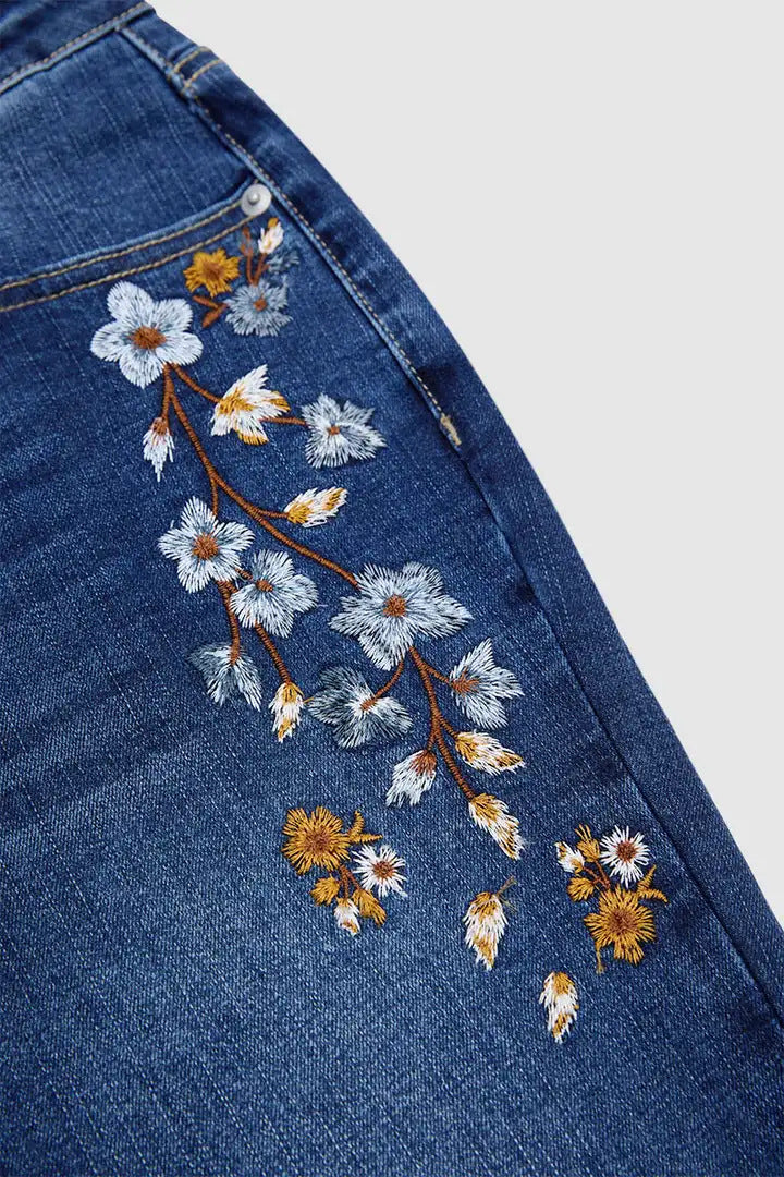 Floral Embroidered Flare Blue Denim Jeans