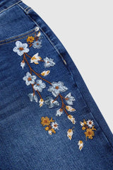 Floral Embroidered Flare Blue Denim Jeans
