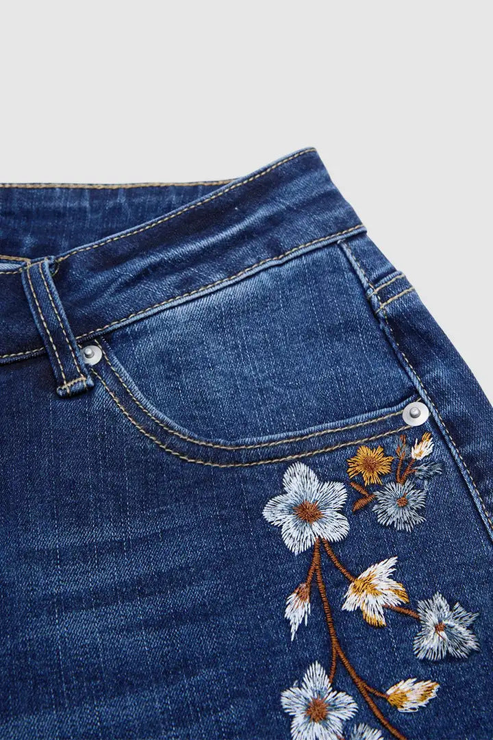 Floral Embroidered Flare Blue Denim Jeans