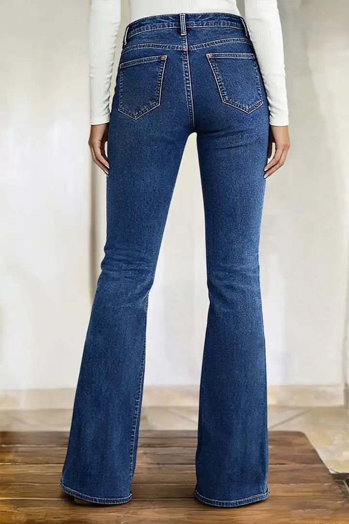 Floral Embroidered Flare Blue Denim Jeans