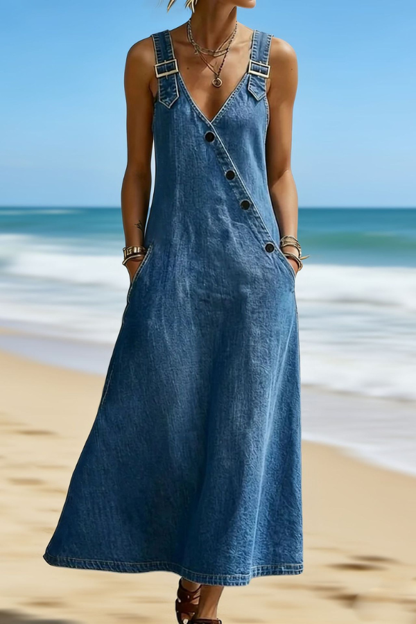 Denim Button Front Strap Maxi Dress