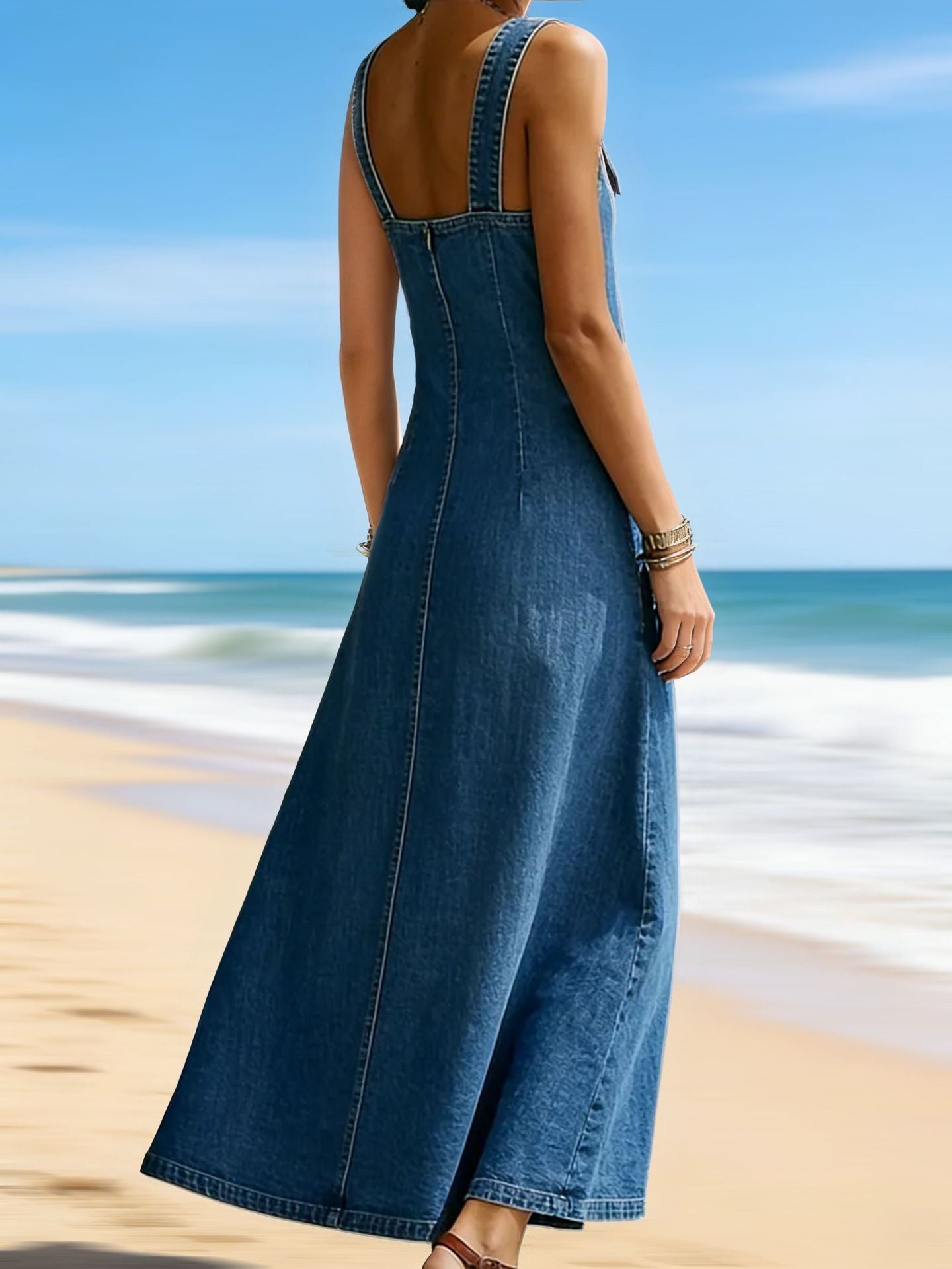 Denim Button Front Strap Maxi Dress