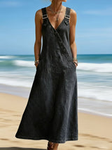 Denim Button Front Strap Maxi Dress