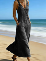 Denim Button Front Strap Maxi Dress