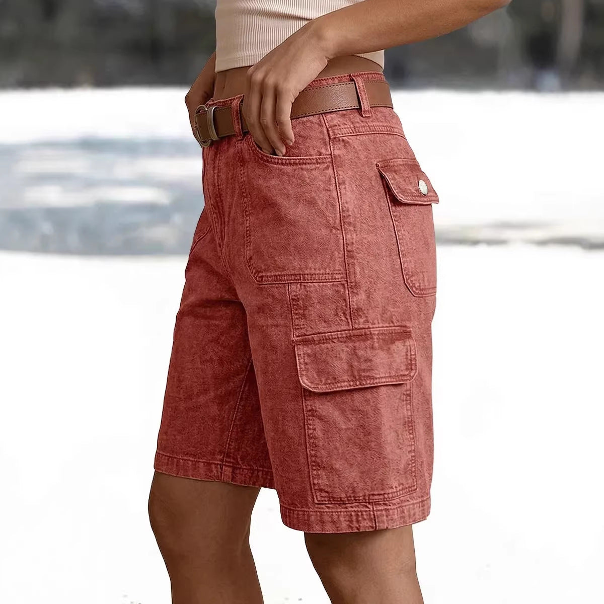 Rust Cargo Pocket Casual Denim Shorts
