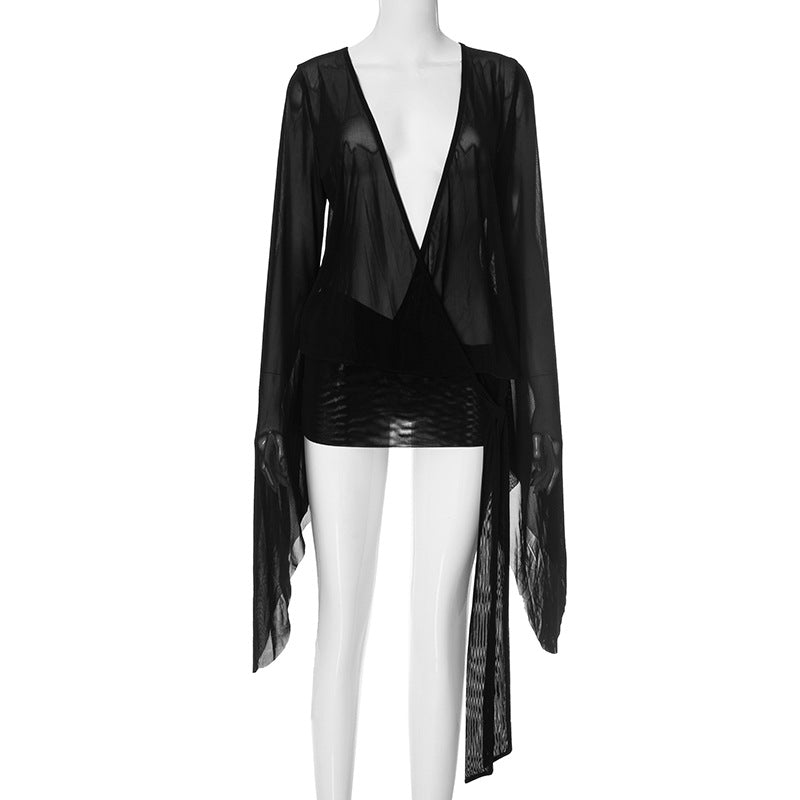 Midnight Sheer Plunge Bell Sleeve Mini Dress