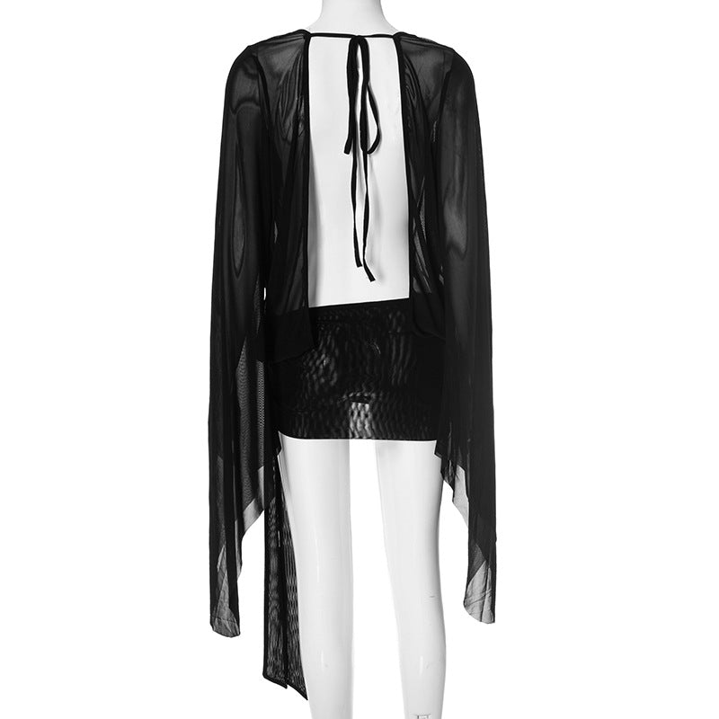 Midnight Sheer Plunge Bell Sleeve Mini Dress