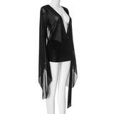 Midnight Sheer Plunge Bell Sleeve Mini Dress