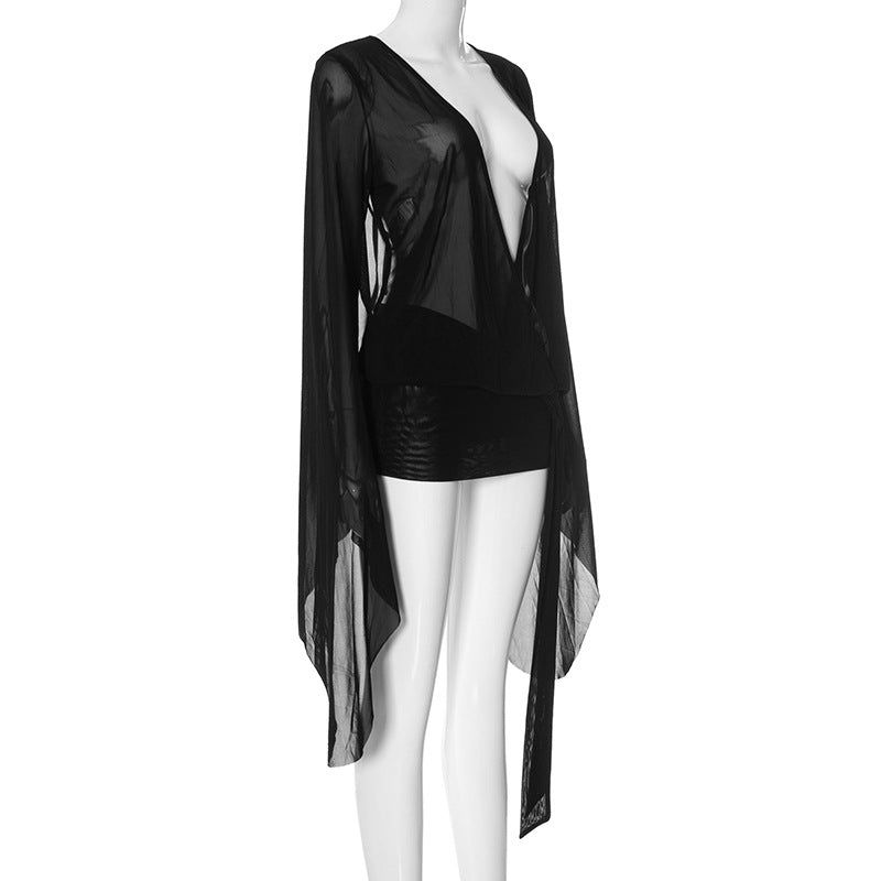 Midnight Sheer Plunge Bell Sleeve Mini Dress