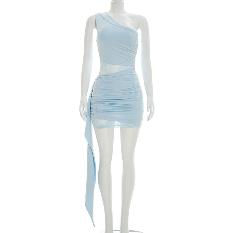One Shoulder Ruched Lace Trim Mini Dress
