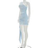 One Shoulder Ruched Lace Trim Mini Dress