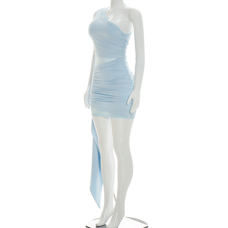 One Shoulder Ruched Lace Trim Mini Dress