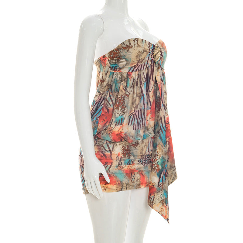 Women's Strapless Printed Ruched Mini Dress