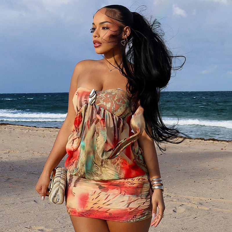 Women's Strapless Printed Ruched Mini Dress