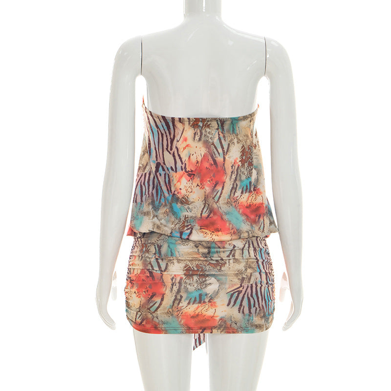 Women's Strapless Printed Ruched Mini Dress