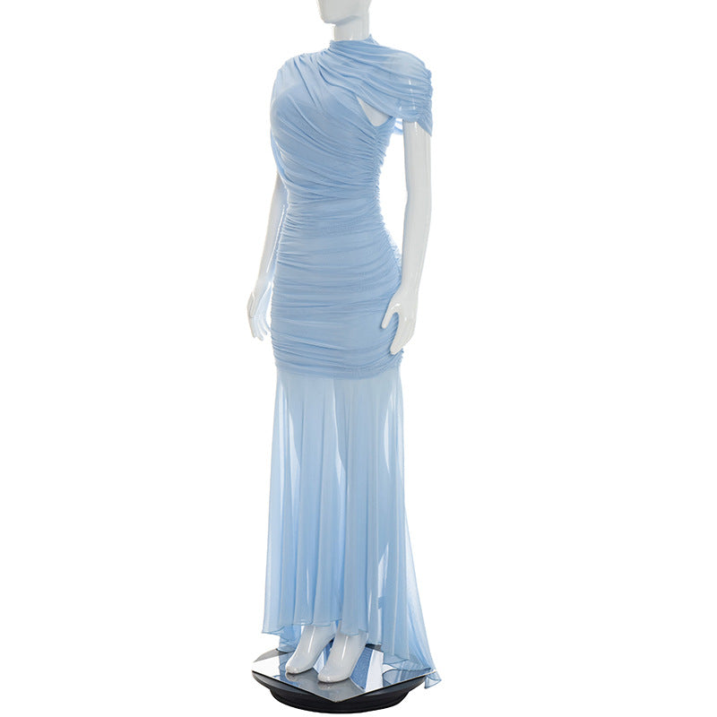 Women's Maxi Dress with Draped Cape Sleeves
