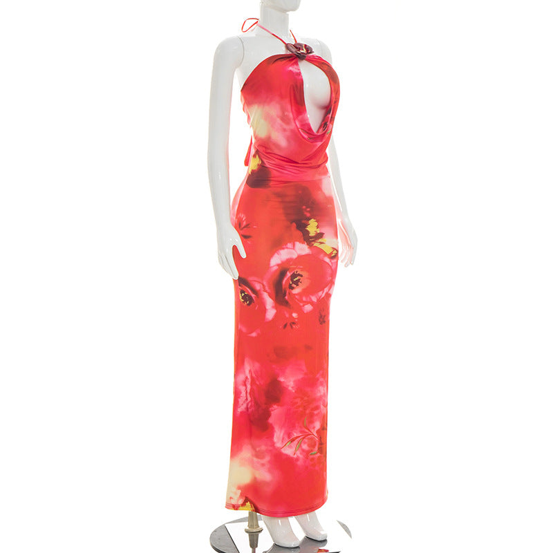 Women's Floral Print Halter Maxi Dress