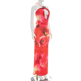 Women's Floral Print Halter Maxi Dress