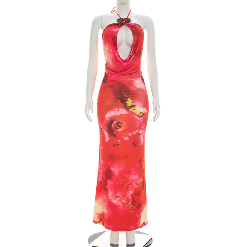 Women's Floral Print Halter Maxi Dress