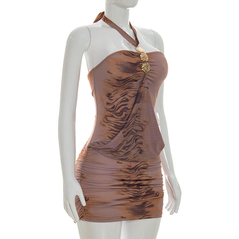 Metal Detail Mesh Halter Bodycon Mini Dress
