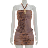 Metal Detail Mesh Halter Bodycon Mini Dress