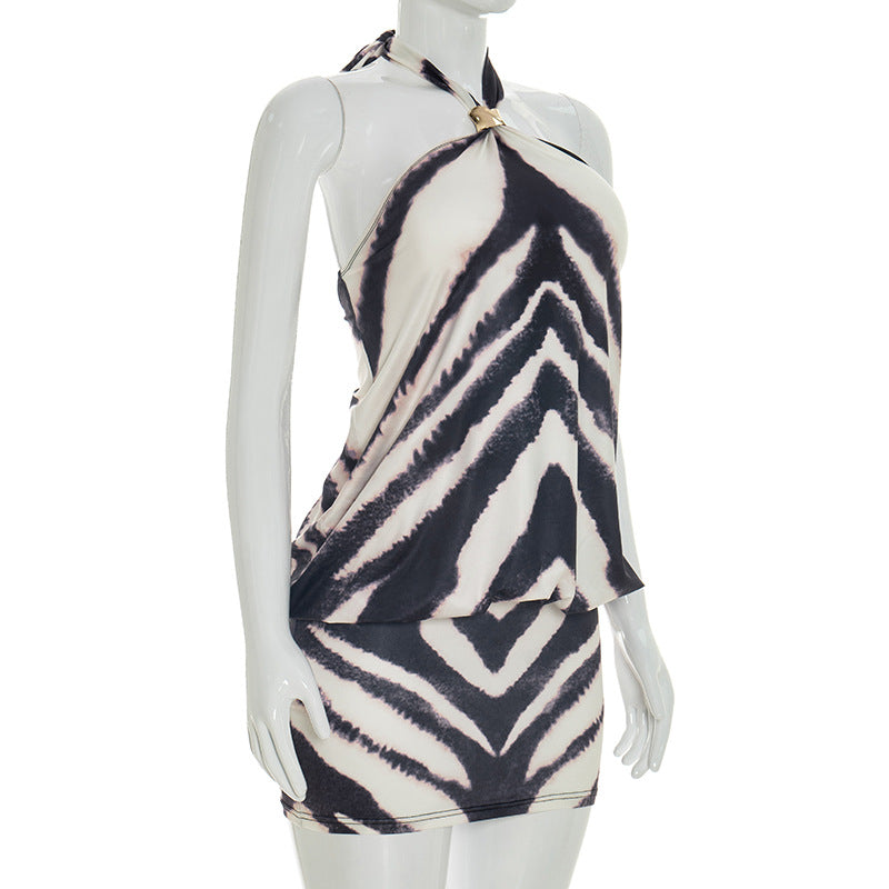 Black & White Zebra Print Halter Mini Dress